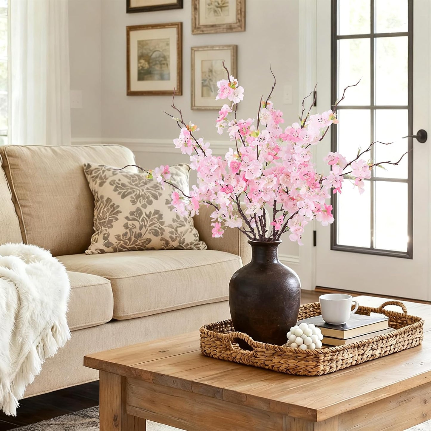 INXUGAO 12 PCS Faux Cherry Blossom Branches Decor 18.11 Inch Fake Artificial Cherry Flowers for Home Indoor Decoration Vase Arrangement Table Living Room Bedroom Spring Decor