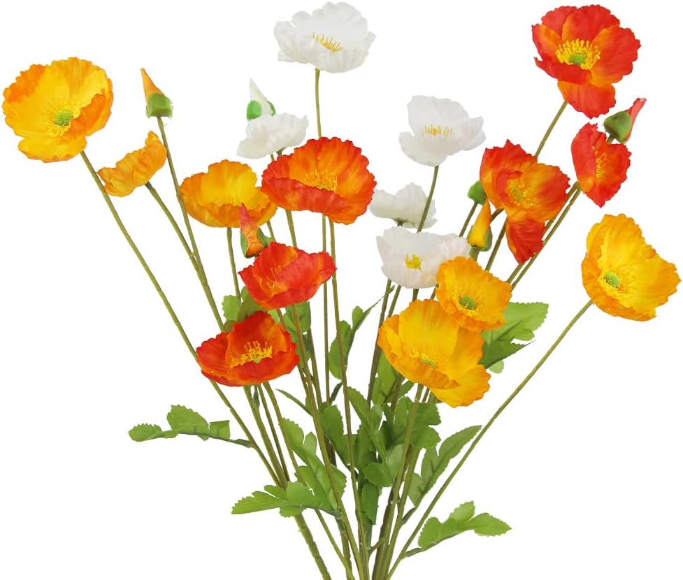 6 Pcs Artificial Poppy Flowers Silk Flower Poppy with Stems Real Touch Faux Poppy Spring Flowers for Home Kitchen Wedding Decorations Floral Arrangement Table Centerpiece