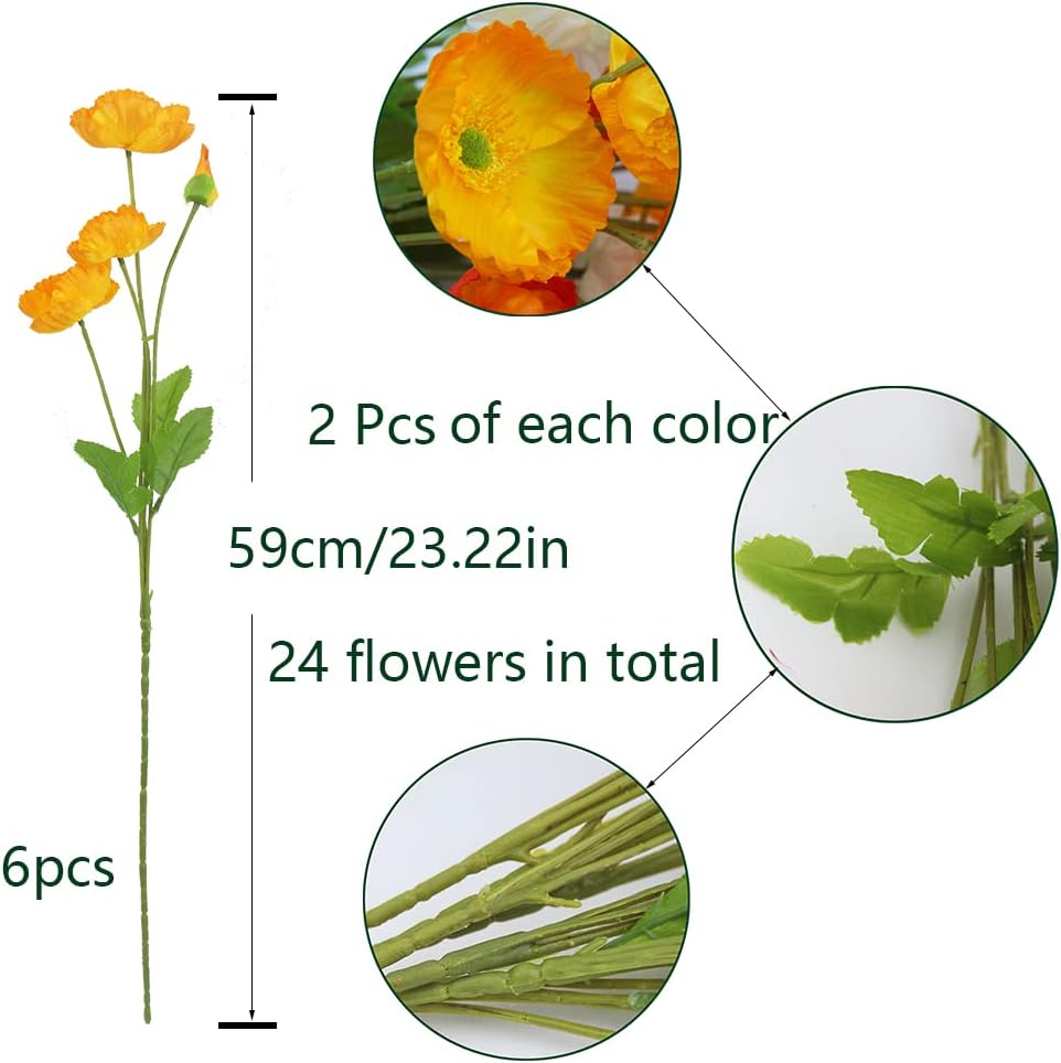 6 Pcs Artificial Poppy Flowers Silk Flower Poppy with Stems Real Touch Faux Poppy Spring Flowers for Home Kitchen Wedding Decorations Floral Arrangement Table Centerpiece