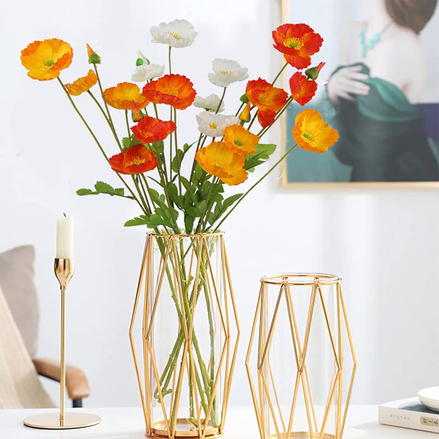 6 Pcs Artificial Poppy Flowers Silk Flower Poppy with Stems Real Touch Faux Poppy Spring Flowers for Home Kitchen Wedding Decorations Floral Arrangement Table Centerpiece