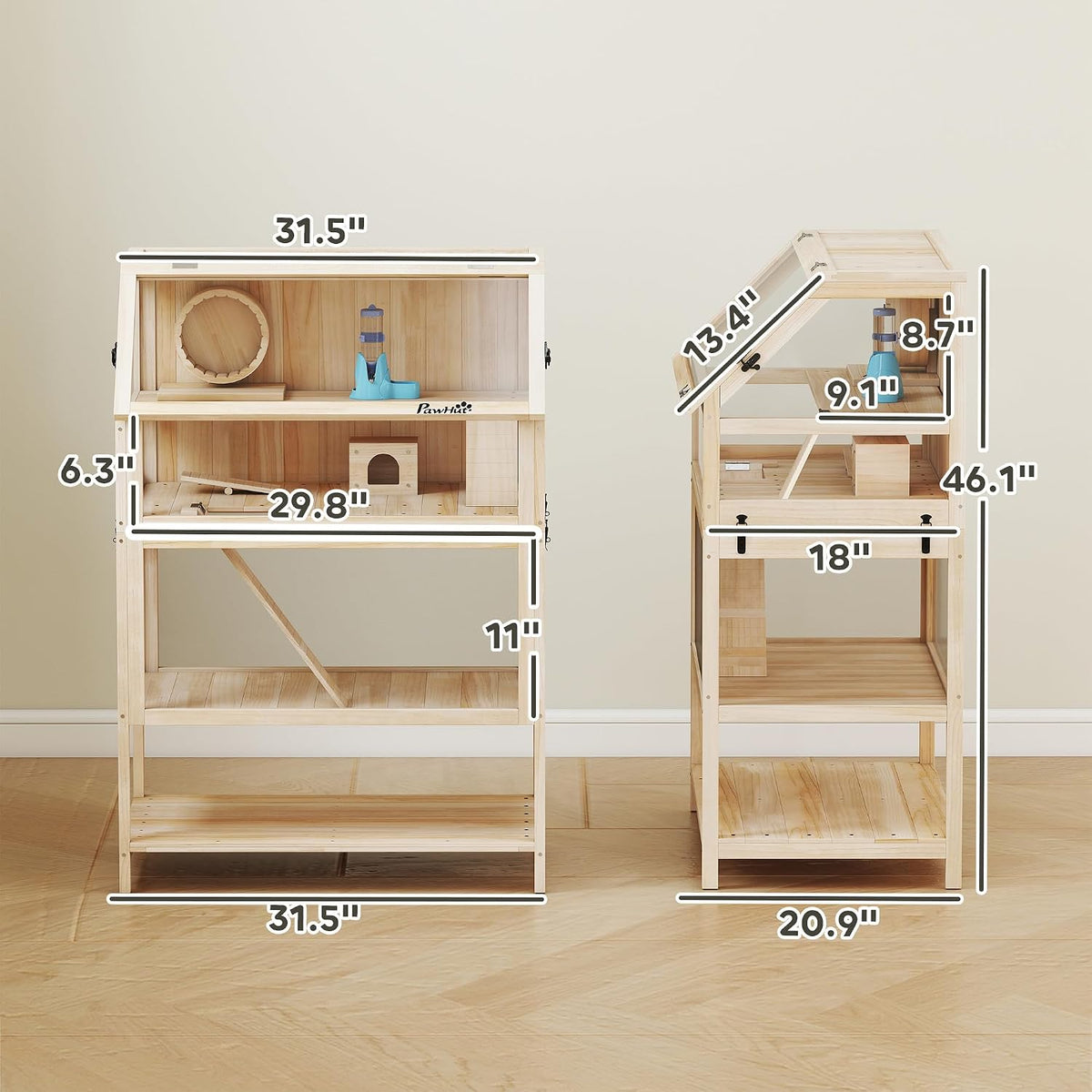 Wooden Hamster Cage with Storage Shelf for Dwarf, 31.5" x 21" x 46"