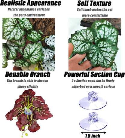 Reptile Plants, Terrarium Hanging Plant Vines, Artificial Leaves with Suction Cup, Bearded Dragon Tank Accessories for Gecko Lizard Snake Frog Tortoise Decorations - Alocasia Velvet