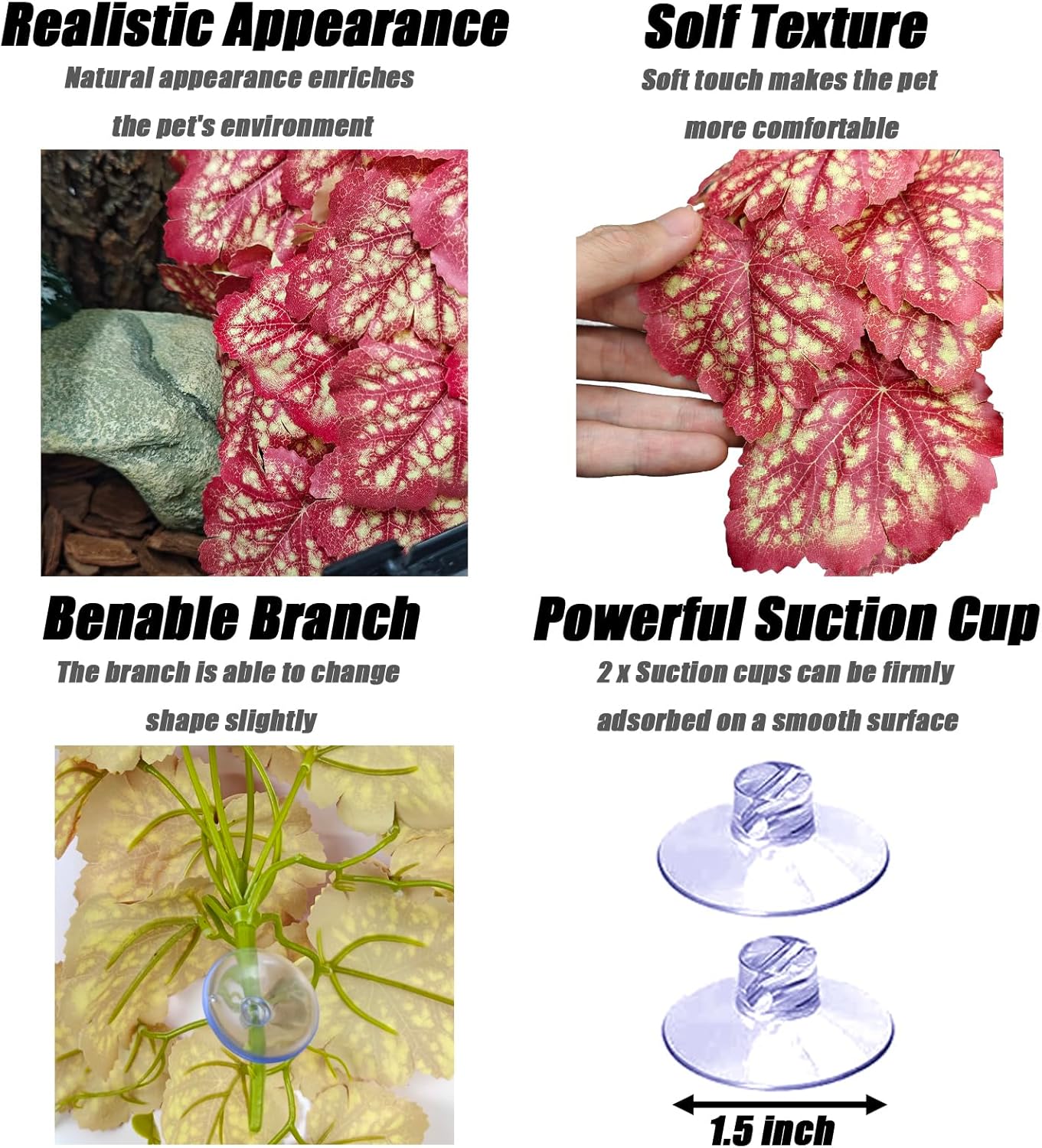 Reptile Plants, Terrarium Hanging Plant Vines, Artificial Leaves with Suction Cup, Bearded Dragon Tank Accessories for Gecko Lizard Snake Frog Tortoise Decorations - Alocasia Velvet