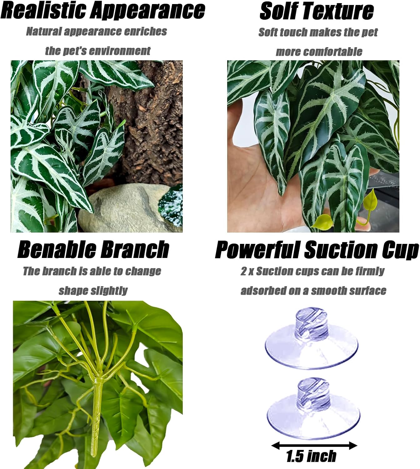 Reptile Plants, Terrarium Hanging Plant Vines, Artificial Leaves with Suction Cup, Bearded Dragon Tank Accessories for Gecko Lizard Snake Frog Tortoise Decorations - Alocasia Velvet
