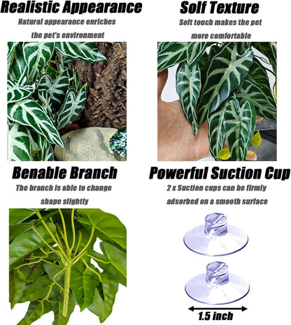 Reptile Plants, Terrarium Hanging Plant Vines, Artificial Leaves with Suction Cup, Bearded Dragon Tank Accessories for Gecko Lizard Snake Frog Tortoise Decorations - Alocasia Velvet