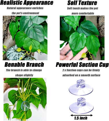 Reptile Plants, Terrarium Hanging Plant Vines, Artificial Leaves with Suction Cup, Bearded Dragon Tank Accessories for Gecko Lizard Snake Frog Tortoise Decorations - Alocasia Velvet