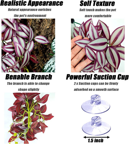 Reptile Plants, Terrarium Hanging Plant Vines, Artificial Leaves with Suction Cup, Bearded Dragon Tank Accessories for Gecko Lizard Snake Frog Tortoise Decorations - Alocasia Velvet