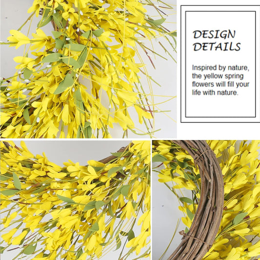 24" Summer Wreaths for Front Door Artificial Forsythia Yellow Flower Wreath