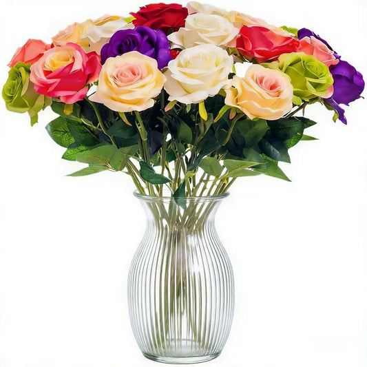 Artificial Flower Roses, 12PCS Real Touch Fake Flowers with Stems, 15" Flannel Roses for Christmas Home Wedding Bathroom Kitchen Decorations(Mix Color)