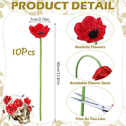 10PCS Red Artificial Poppy Flowers Fake PU Floral Stems Real Touch Silk Like Wedding Memorial Day Decor Bouquet Centerpieces Home Arrangements