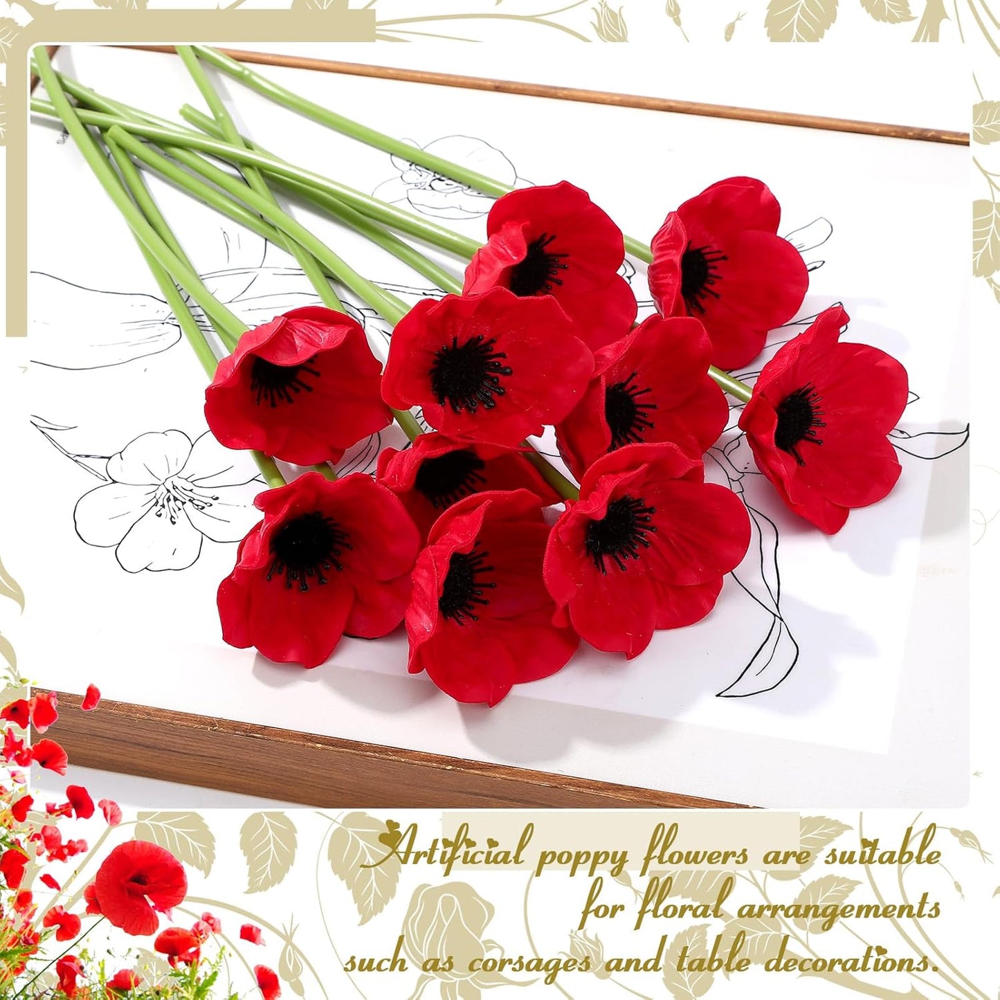 10PCS Red Artificial Poppy Flowers Fake PU Floral Stems Real Touch Silk Like Wedding Memorial Day Decor Bouquet Centerpieces Home Arrangements