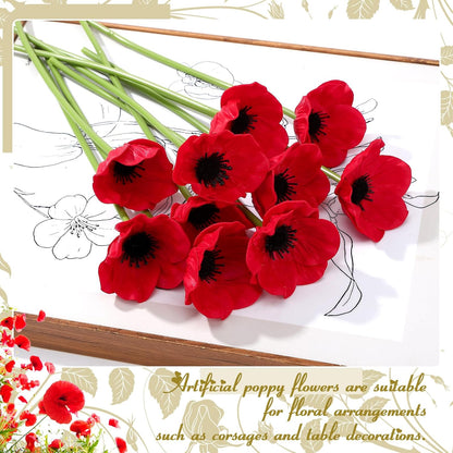 10PCS Red Artificial Poppy Flowers Fake PU Floral Stems Real Touch Silk Like Wedding Memorial Day Decor Bouquet Centerpieces Home Arrangements