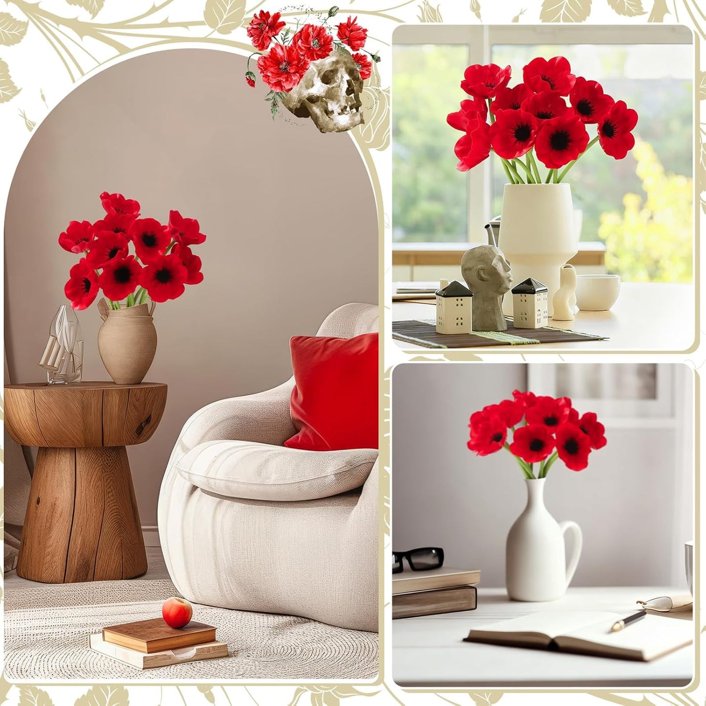 10PCS Red Artificial Poppy Flowers Fake PU Floral Stems Real Touch Silk Like Wedding Memorial Day Decor Bouquet Centerpieces Home Arrangements