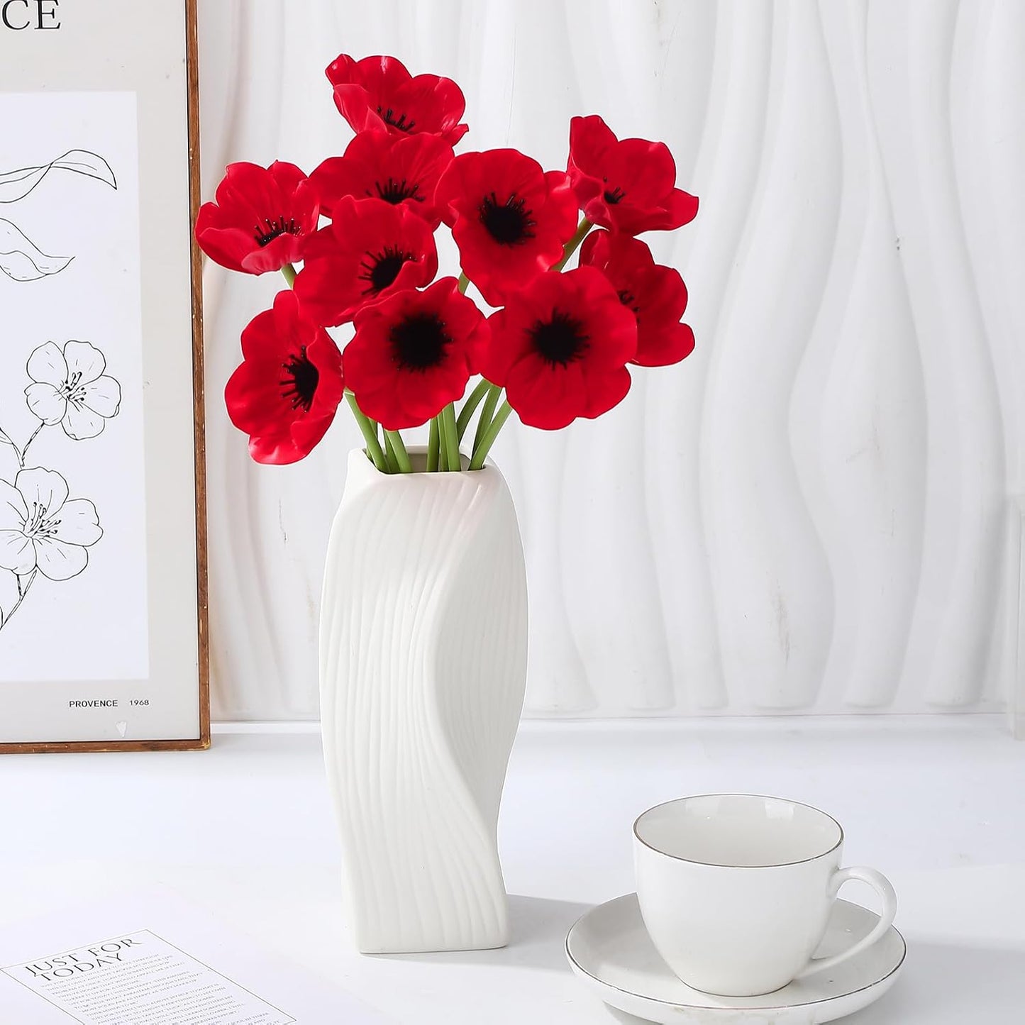 10PCS Red Artificial Poppy Flowers Fake PU Floral Stems Real Touch Silk Like Wedding Memorial Day Decor Bouquet Centerpieces Home Arrangements