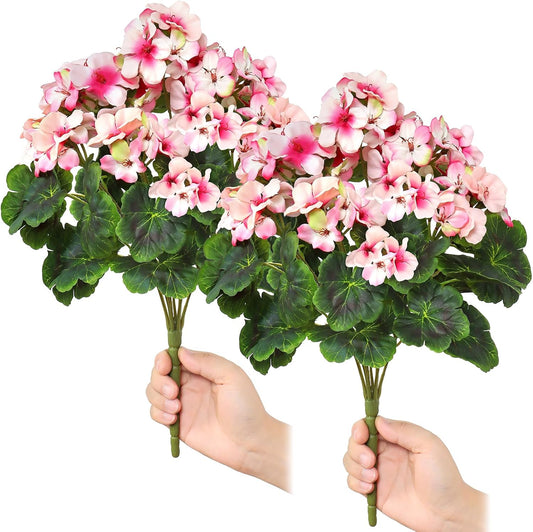 Fake Flowers 2PCS 17.3In Artificial Geraniums for Outdoors Realistic Artificial Geraniums UV Resistant Silk Flowers for Home Garden Wedding Indoor Outdoor Decoration (Red)