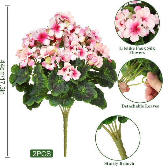 Fake Flowers 2PCS 17.3In Artificial Geraniums for Outdoors Realistic Artificial Geraniums UV Resistant Silk Flowers for Home Garden Wedding Indoor Outdoor Decoration (Red)