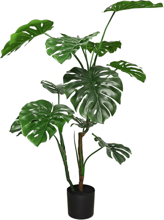 Artificial Monstera Plant for Indoor-Outdoor: 4ft Large Faux Monstera Deliciosa Plant with Realistic Long Lasting Color Leaves in Pot - Low Maintenance Fake Plants for Home Office Decor