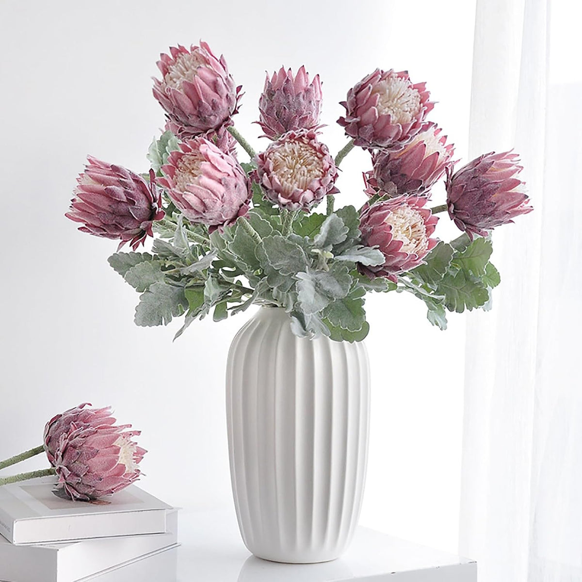 4 Piece Artificial King Protea Flower Tropical Flowers Bouquet Spring Fake Protea Cynaroides Flower Arrangements Silk Flower Bouquet for Wedding Table Centerpiece Decor