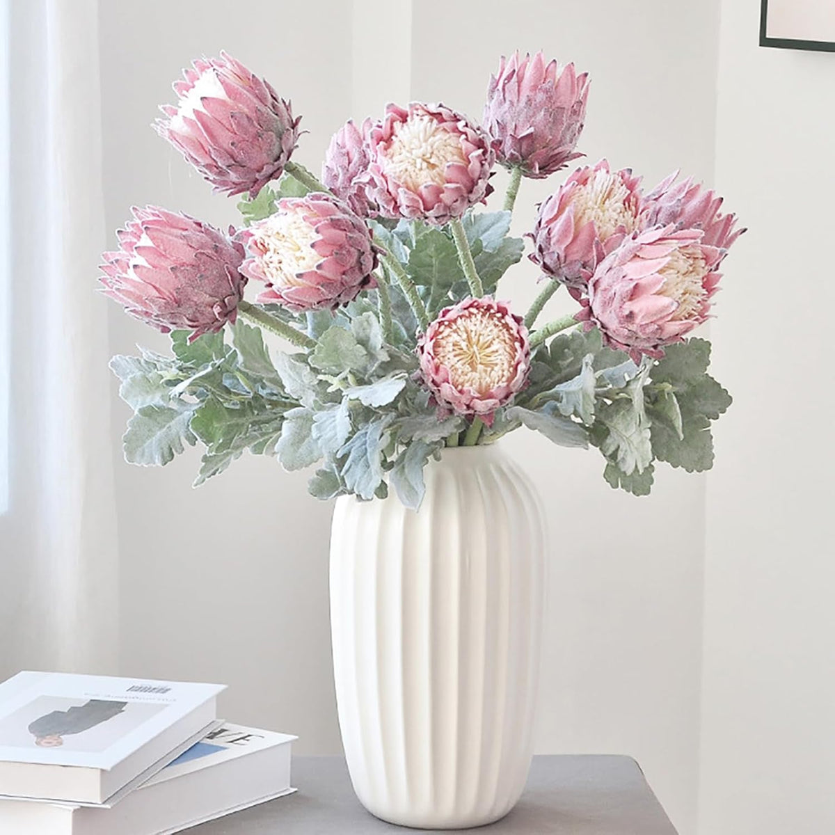 4 Piece Artificial King Protea Flower Tropical Flowers Bouquet Spring Fake Protea Cynaroides Flower Arrangements Silk Flower Bouquet for Wedding Table Centerpiece Decor