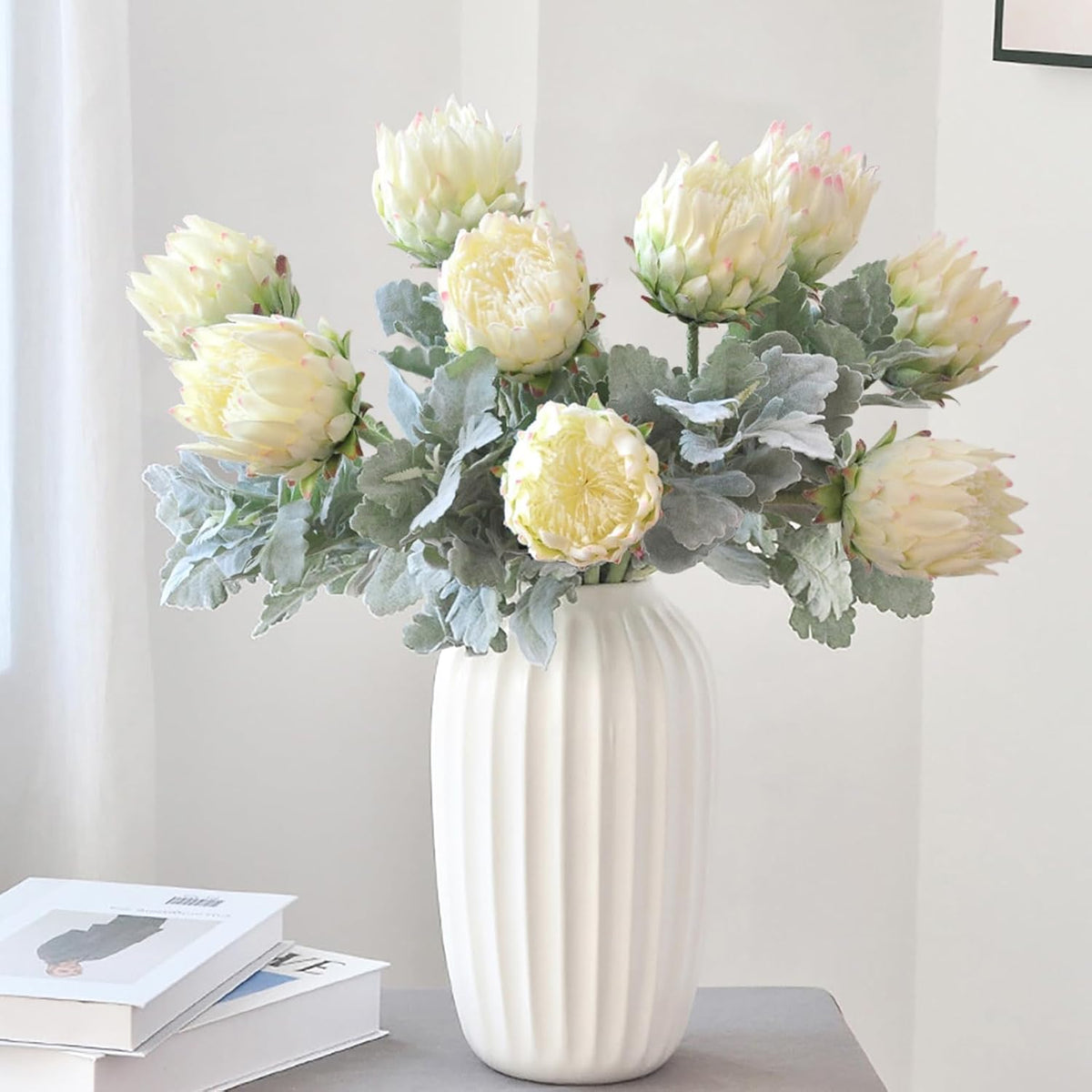 4 Piece Artificial King Protea Flower Tropical Flowers Bouquet Spring Fake Protea Cynaroides Flower Arrangements Silk Flower Bouquet for Wedding Table Centerpiece Decor