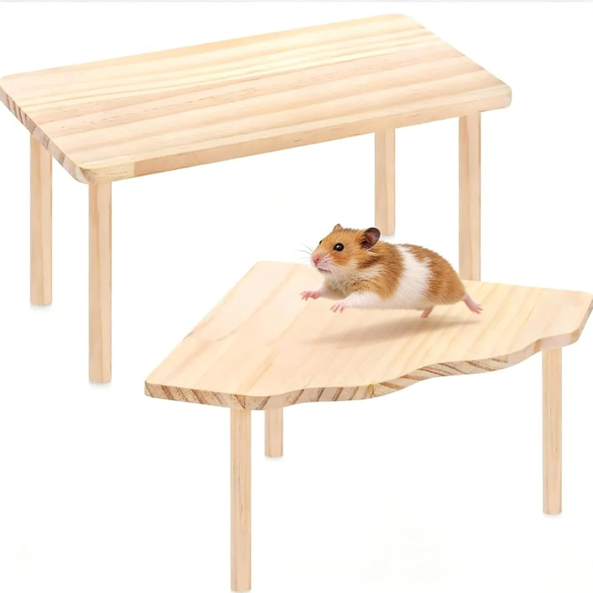 2-Piece Wooden Play Platform Set for Dwarf Syrian Hamsters Gerbils Mice Degus | Natural Pine Hamster Cage Accessories for Small Pets Climbing Resting and Hiding (1 Pack)
