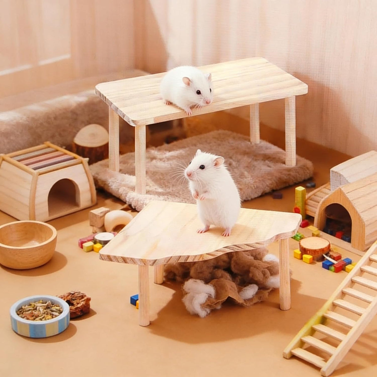 2-Piece Wooden Play Platform Set for Dwarf Syrian Hamsters Gerbils Mice Degus | Natural Pine Hamster Cage Accessories for Small Pets Climbing Resting and Hiding (1 Pack)