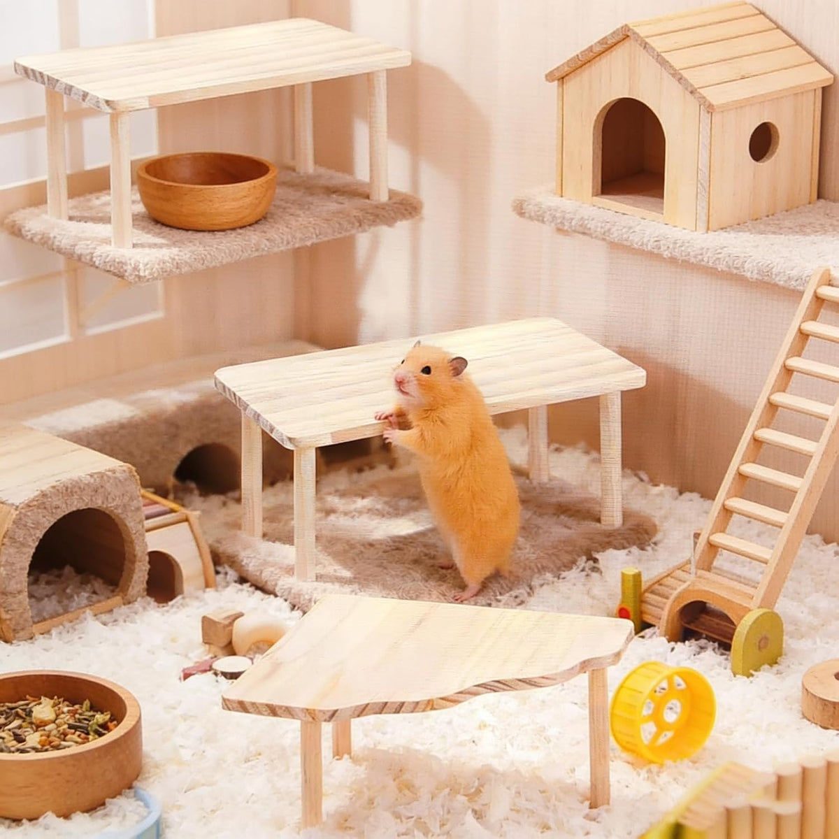 2-Piece Wooden Play Platform Set for Dwarf Syrian Hamsters Gerbils Mice Degus | Natural Pine Hamster Cage Accessories for Small Pets Climbing Resting and Hiding (1 Pack)