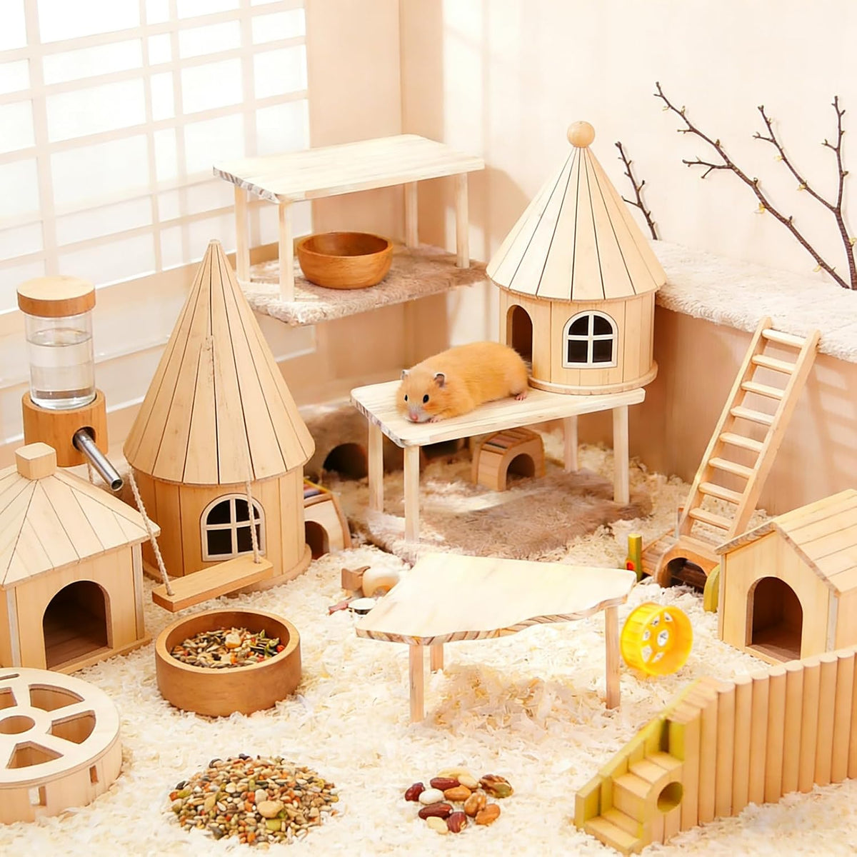 2-Piece Wooden Play Platform Set for Dwarf Syrian Hamsters Gerbils Mice Degus | Natural Pine Hamster Cage Accessories for Small Pets Climbing Resting and Hiding (1 Pack)
