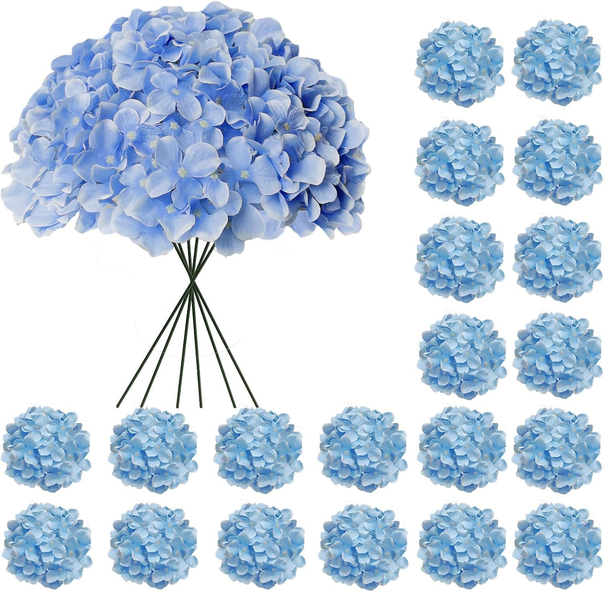 Blue Hydrangea Artificial Flowers Bulk, Faux Hydrangea Flowers Heads, Artificial Fake Silk Hydrangea Flowers with Stems, Blue Flowers Artificial for Decoration Wedding Décor