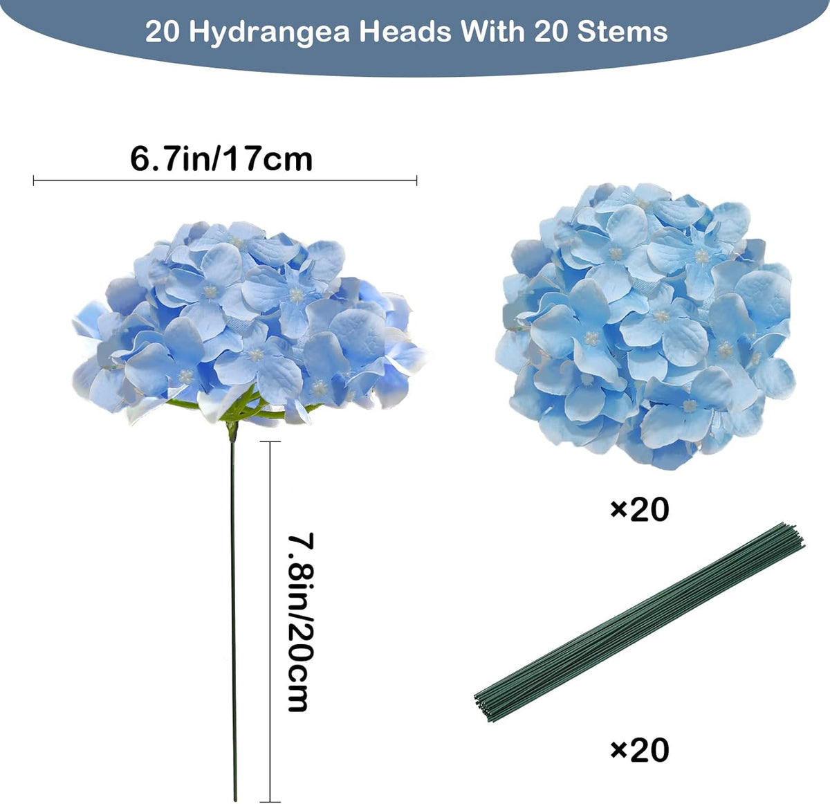 Blue Hydrangea Artificial Flowers Bulk, Faux Hydrangea Flowers Heads, Artificial Fake Silk Hydrangea Flowers with Stems, Blue Flowers Artificial for Decoration Wedding Décor