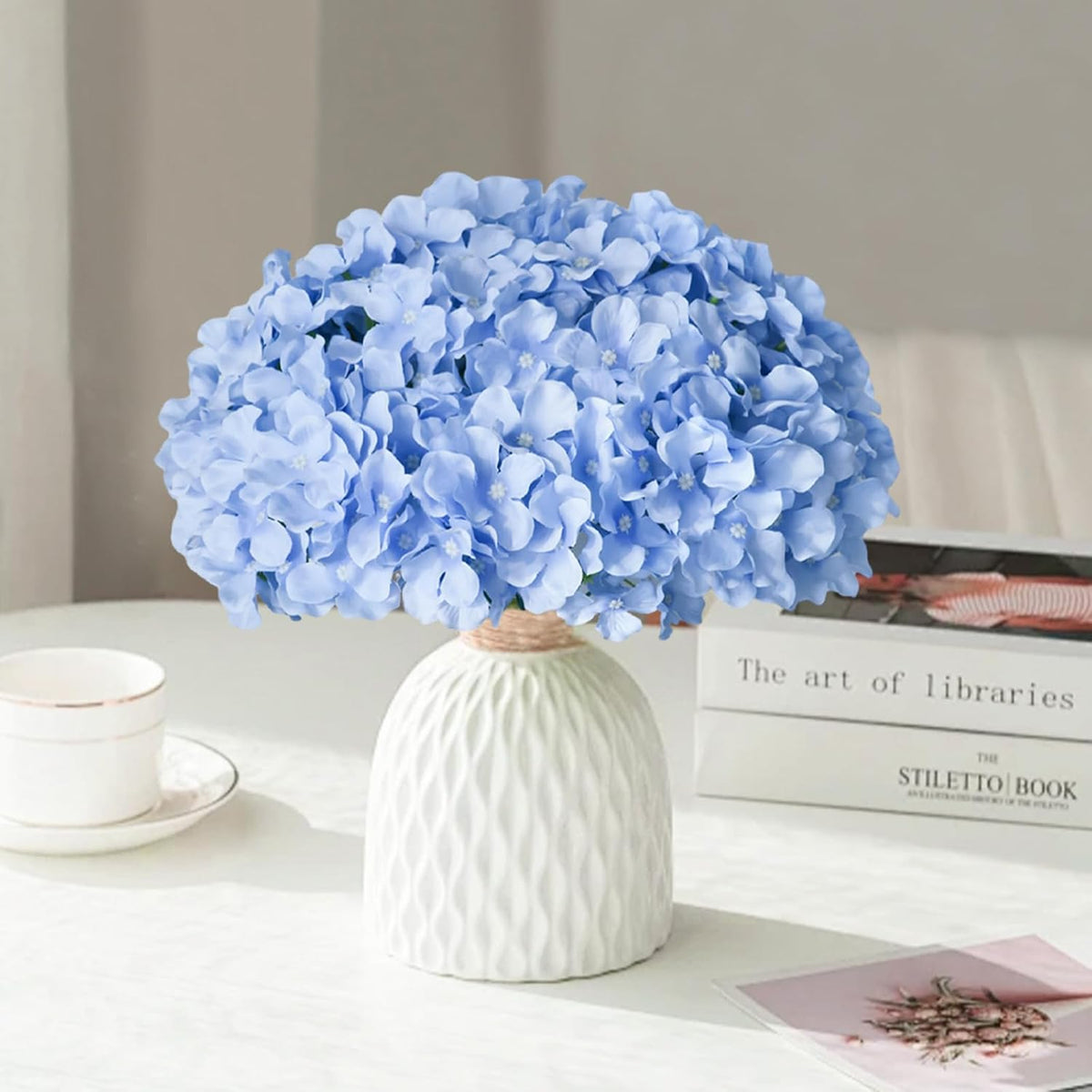 Blue Hydrangea Artificial Flowers Bulk, Faux Hydrangea Flowers Heads, Artificial Fake Silk Hydrangea Flowers with Stems, Blue Flowers Artificial for Decoration Wedding Décor