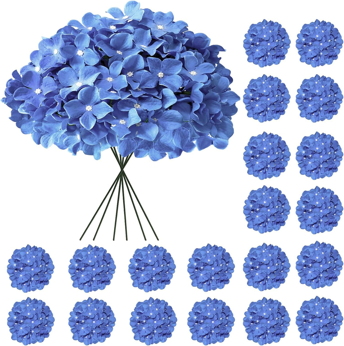 Blue Hydrangea Artificial Flowers Bulk, Faux Hydrangea Flowers Heads, Artificial Fake Silk Hydrangea Flowers with Stems, Blue Flowers Artificial for Decoration Wedding Décor