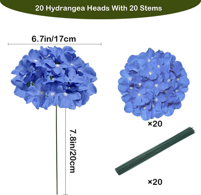 Blue Hydrangea Artificial Flowers Bulk, Faux Hydrangea Flowers Heads, Artificial Fake Silk Hydrangea Flowers with Stems, Blue Flowers Artificial for Decoration Wedding Décor