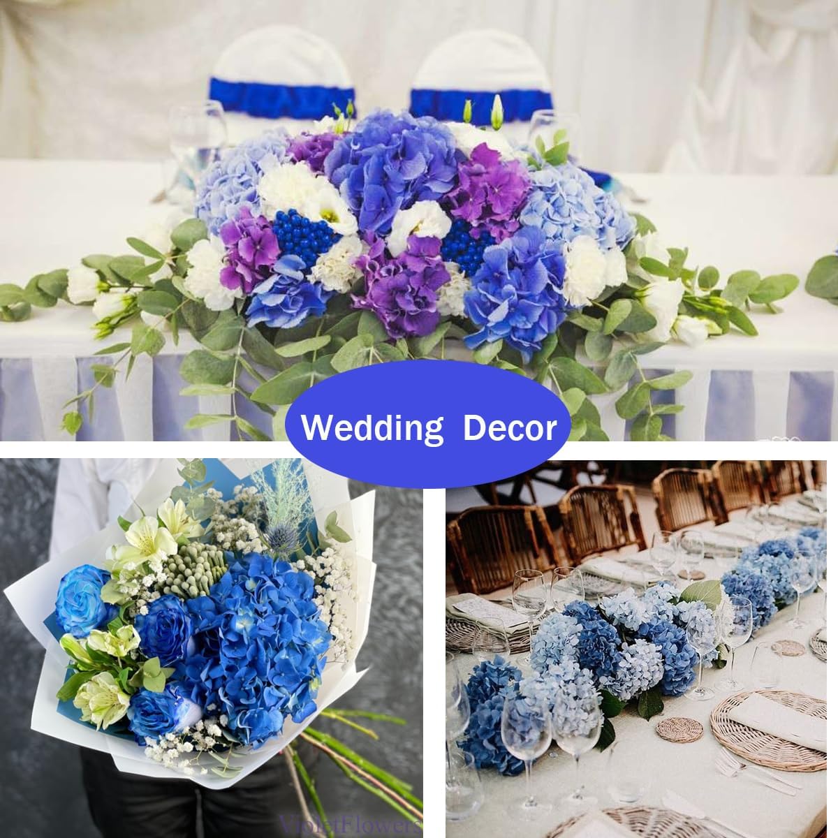 Blue Hydrangea Artificial Flowers Bulk, Faux Hydrangea Flowers Heads, Artificial Fake Silk Hydrangea Flowers with Stems, Blue Flowers Artificial for Decoration Wedding Décor