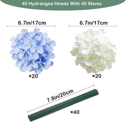 Blue Hydrangea Artificial Flowers Bulk, Faux Hydrangea Flowers Heads, Artificial Fake Silk Hydrangea Flowers with Stems, Blue Flowers Artificial for Decoration Wedding Décor