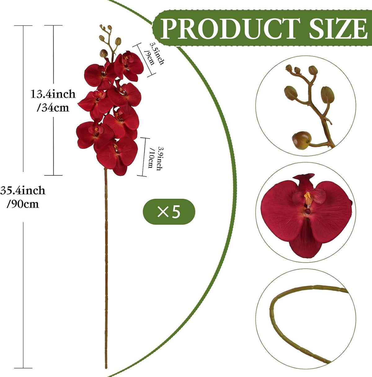 Burgundy Flowers Artificial Orchids 5PCS Fake Orchid 35.4" Faux Orchid Stems Burugndy Artificial Flowers for Bridal Shower Wedding Centerpieces Home Decor (Burgundy)
