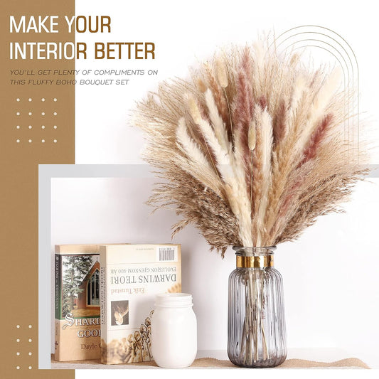 N&T NETING Dried Pampas Grass Boho Set for Crafts Centerpiece, 75Pcs