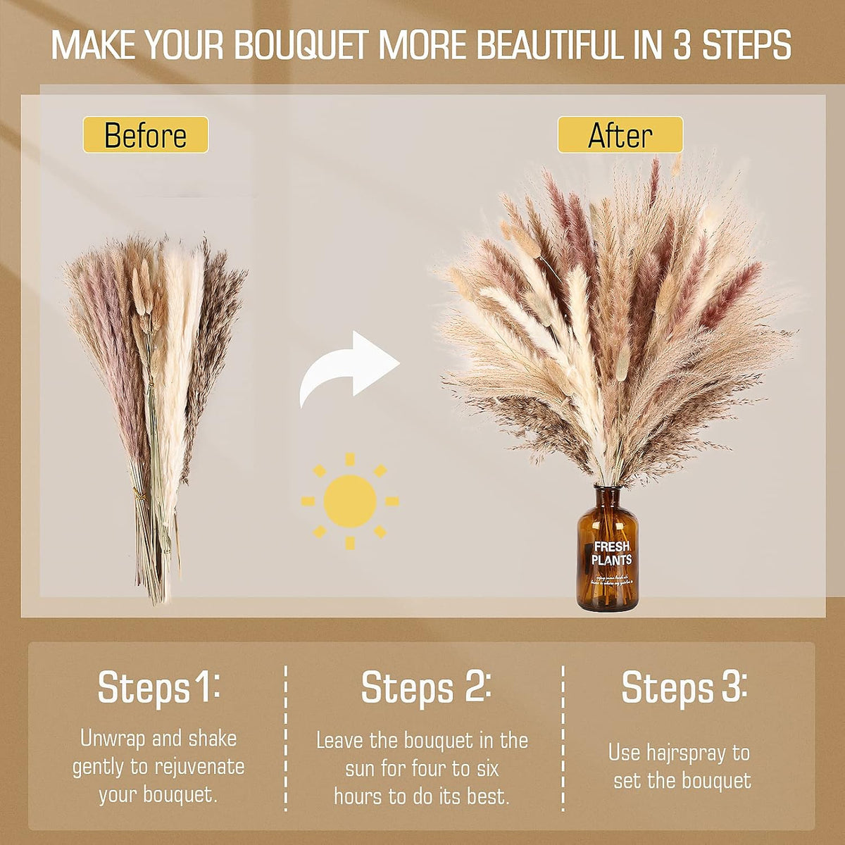 N&T NETING Dried Pampas Grass Boho Set for Crafts Centerpiece, 75Pcs