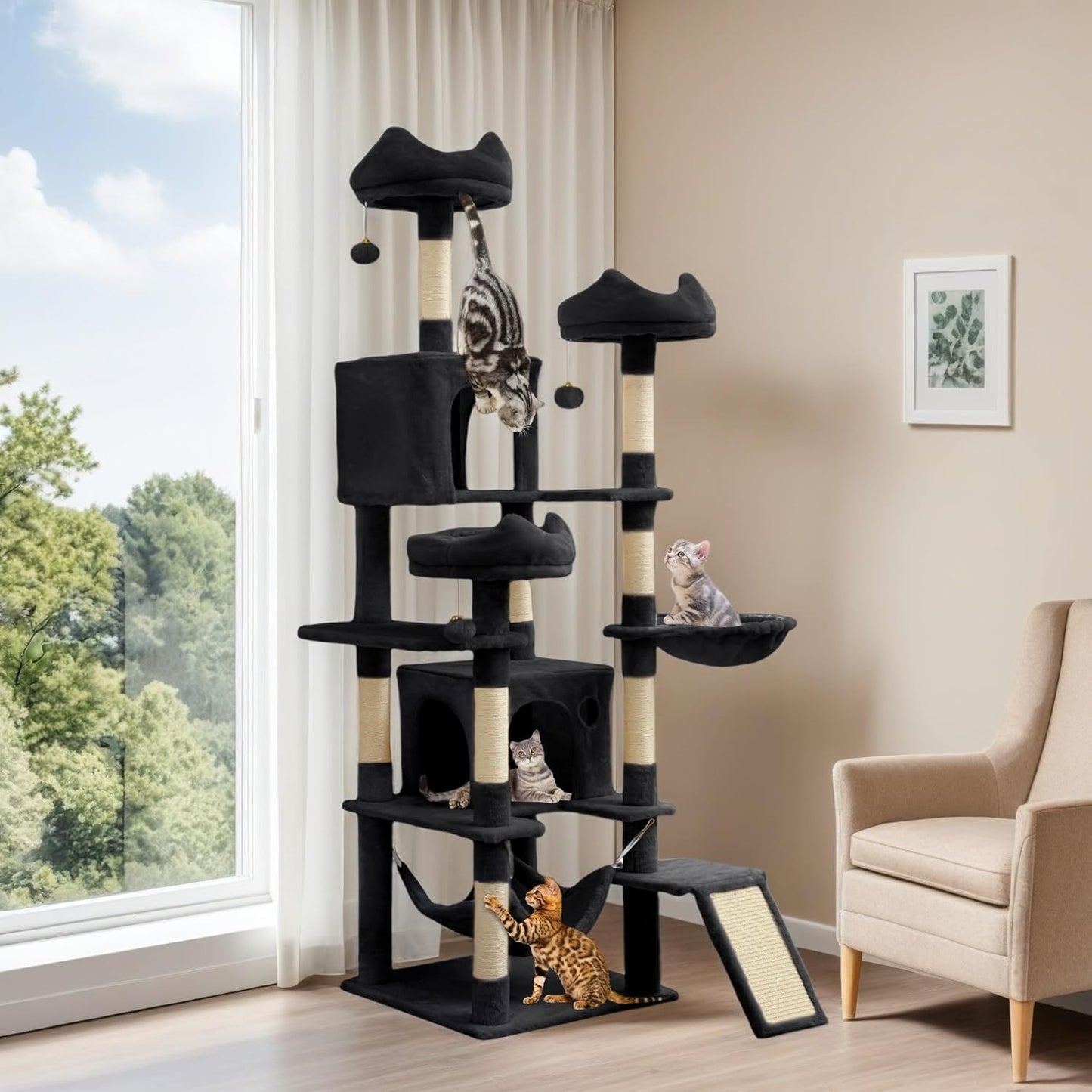 54in Cat Tree Tower Condo, Multi-Level with Sisal Scratching Post, Cat Condos, Plush Top Perches, Hammock, Space Saving Cat Condo, Dangling Ball, Pet Play House,Pet Gift, Green