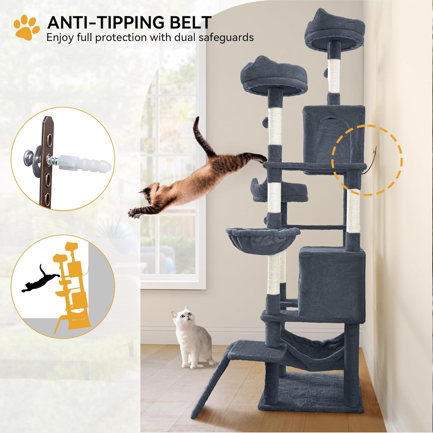 54in Cat Tree Tower Condo, Multi-Level with Sisal Scratching Post, Cat Condos, Plush Top Perches, Hammock, Space Saving Cat Condo, Dangling Ball, Pet Play House,Pet Gift, Green