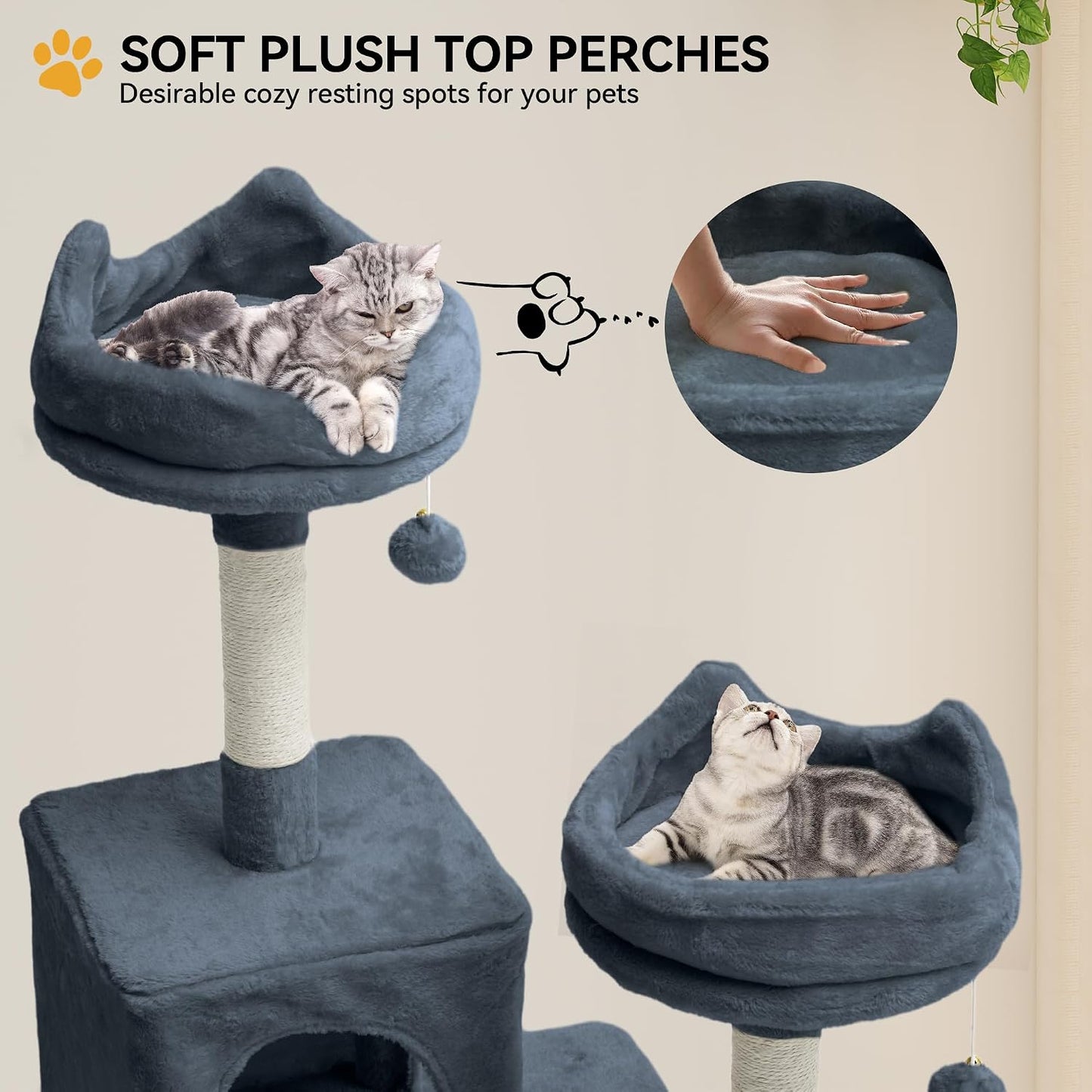 54in Cat Tree Tower Condo, Multi-Level with Sisal Scratching Post, Cat Condos, Plush Top Perches, Hammock, Space Saving Cat Condo, Dangling Ball, Pet Play House,Pet Gift, Green