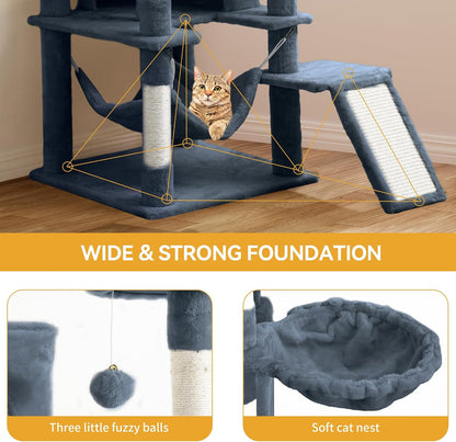 54in Cat Tree Tower Condo, Multi-Level with Sisal Scratching Post, Cat Condos, Plush Top Perches, Hammock, Space Saving Cat Condo, Dangling Ball, Pet Play House,Pet Gift, Green