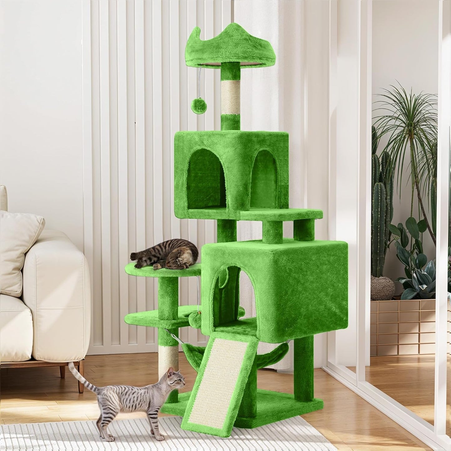54in Cat Tree Tower Condo, Multi-Level with Sisal Scratching Post, Cat Condos, Plush Top Perches, Hammock, Space Saving Cat Condo, Dangling Ball, Pet Play House,Pet Gift, Green