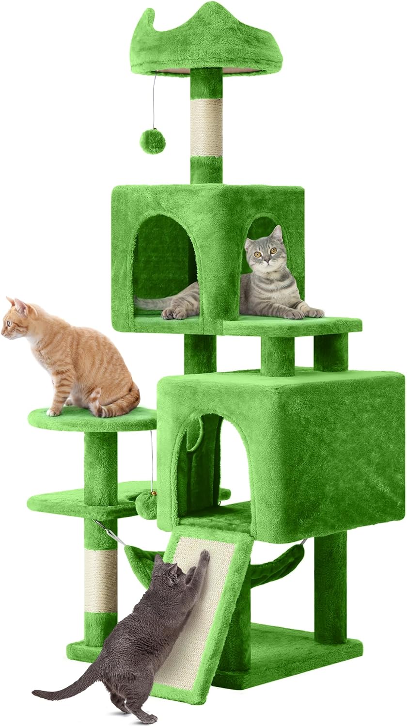 54in Cat Tree Tower Condo, Multi-Level with Sisal Scratching Post, Cat Condos, Plush Top Perches, Hammock, Space Saving Cat Condo, Dangling Ball, Pet Play House,Pet Gift, Green