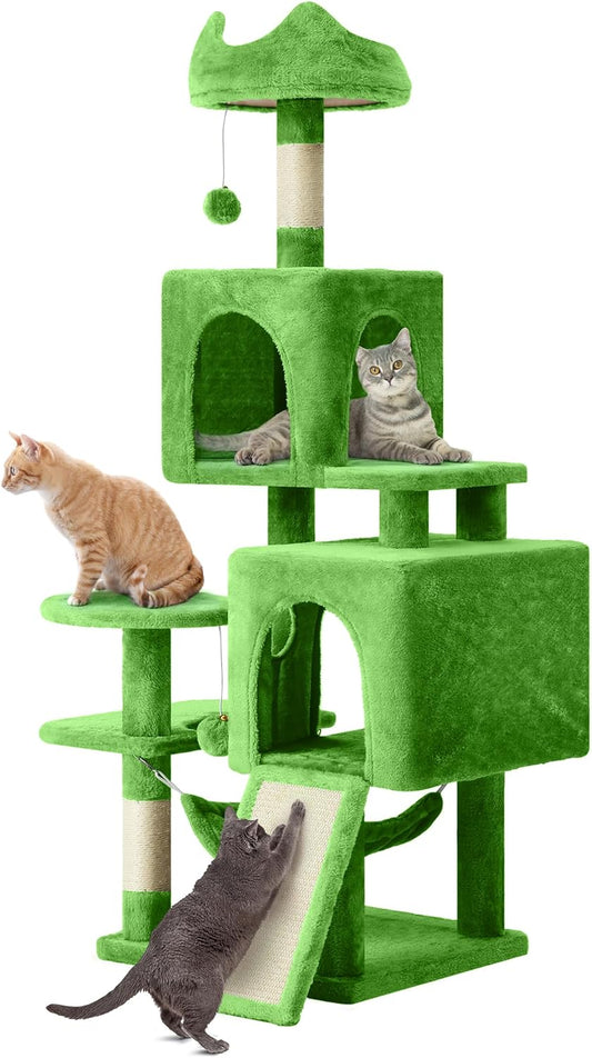 54in Cat Tree Tower Condo, Multi-Level with Sisal Scratching Post, Cat Condos, Plush Top Perches, Hammock, Space Saving Cat Condo, Dangling Ball, Pet Play House,Pet Gift, Green