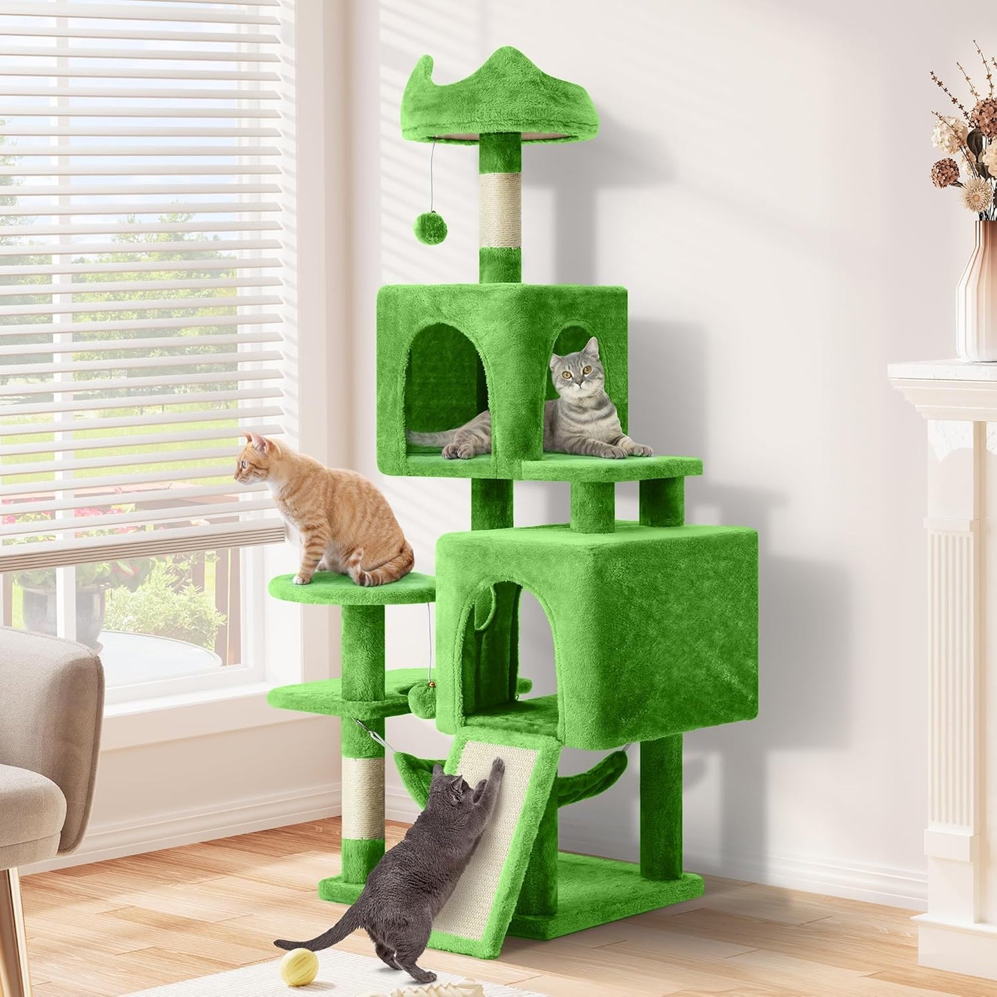 54in Cat Tree Tower Condo, Multi-Level with Sisal Scratching Post, Cat Condos, Plush Top Perches, Hammock, Space Saving Cat Condo, Dangling Ball, Pet Play House,Pet Gift, Green