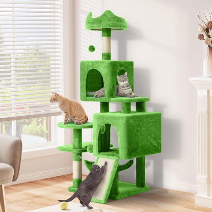 54in Cat Tree Tower Condo, Multi-Level with Sisal Scratching Post, Cat Condos, Plush Top Perches, Hammock, Space Saving Cat Condo, Dangling Ball, Pet Play House,Pet Gift, Green