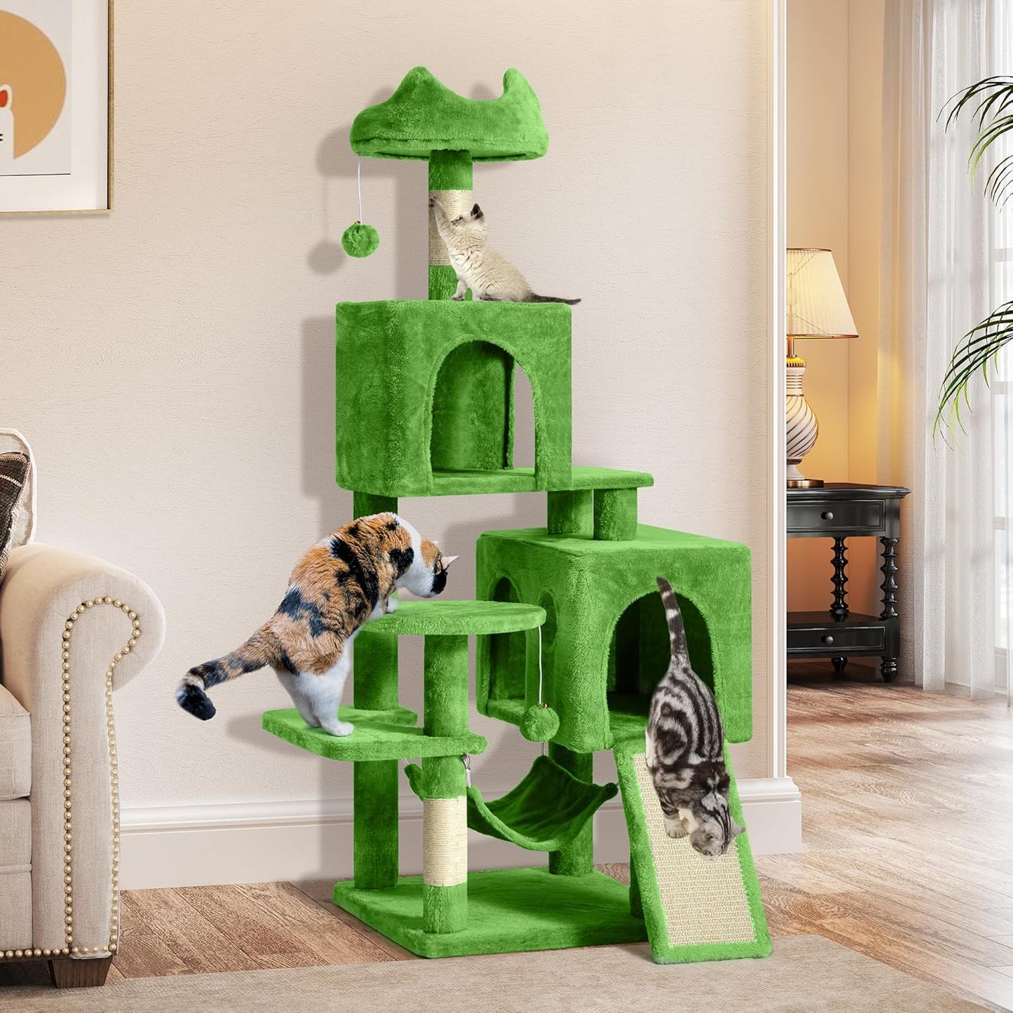 54in Cat Tree Tower Condo, Multi-Level with Sisal Scratching Post, Cat Condos, Plush Top Perches, Hammock, Space Saving Cat Condo, Dangling Ball, Pet Play House,Pet Gift, Green