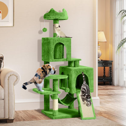 54in Cat Tree Tower Condo, Multi-Level with Sisal Scratching Post, Cat Condos, Plush Top Perches, Hammock, Space Saving Cat Condo, Dangling Ball, Pet Play House,Pet Gift, Green