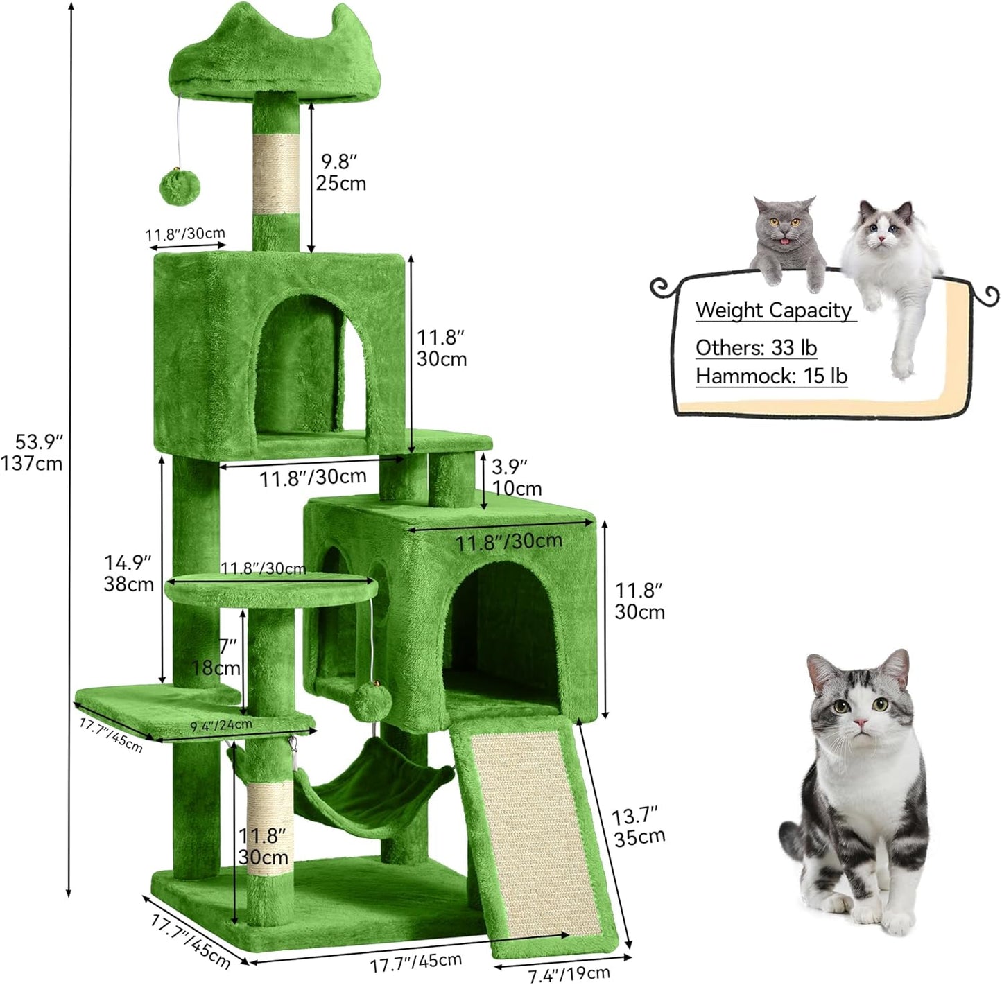 54in Cat Tree Tower Condo, Multi-Level with Sisal Scratching Post, Cat Condos, Plush Top Perches, Hammock, Space Saving Cat Condo, Dangling Ball, Pet Play House,Pet Gift, Green